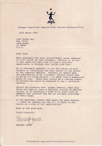 Lettera dell'assistente personale di Paul McCartney a John Stumb